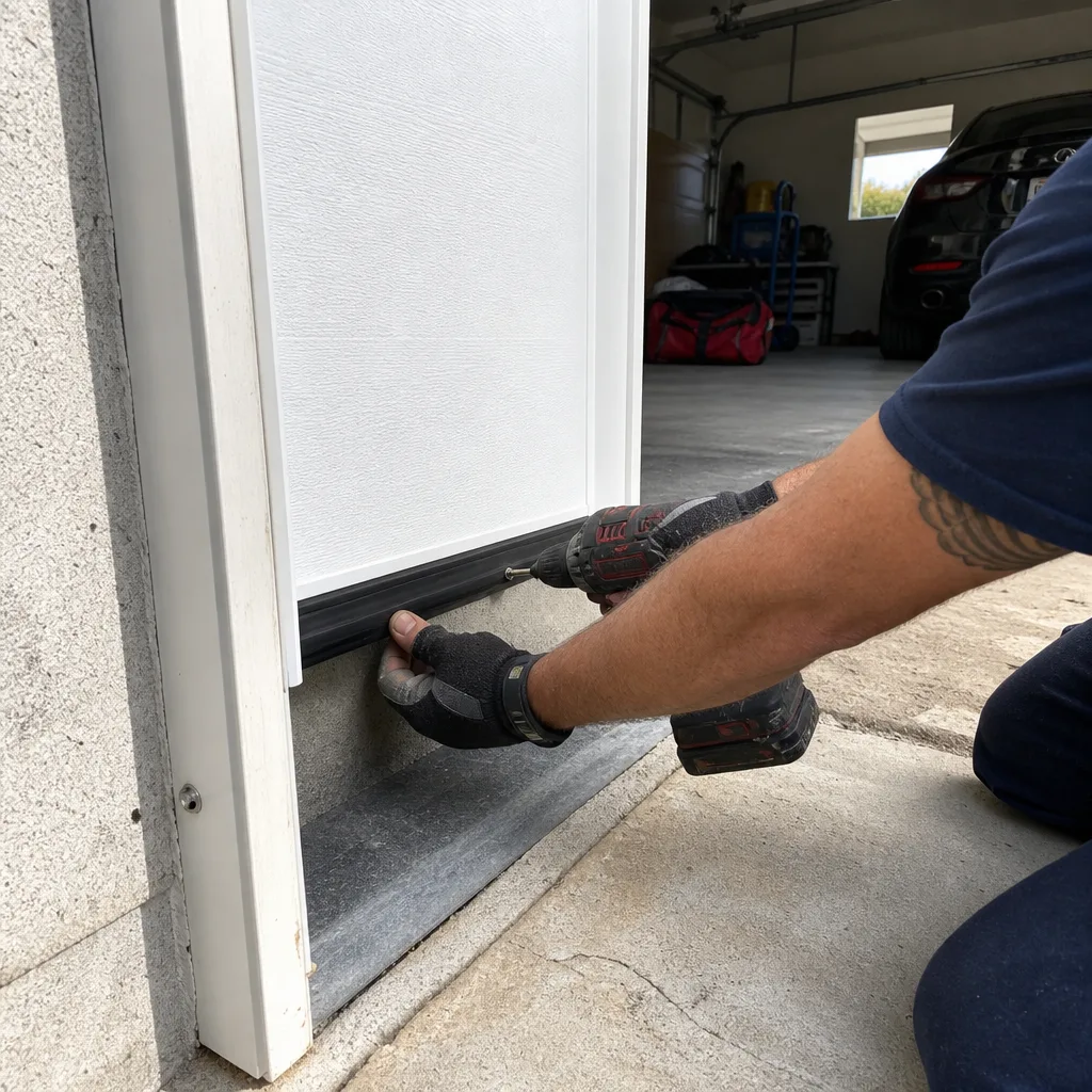 Technician installing garage door weather stripping with a power drill.