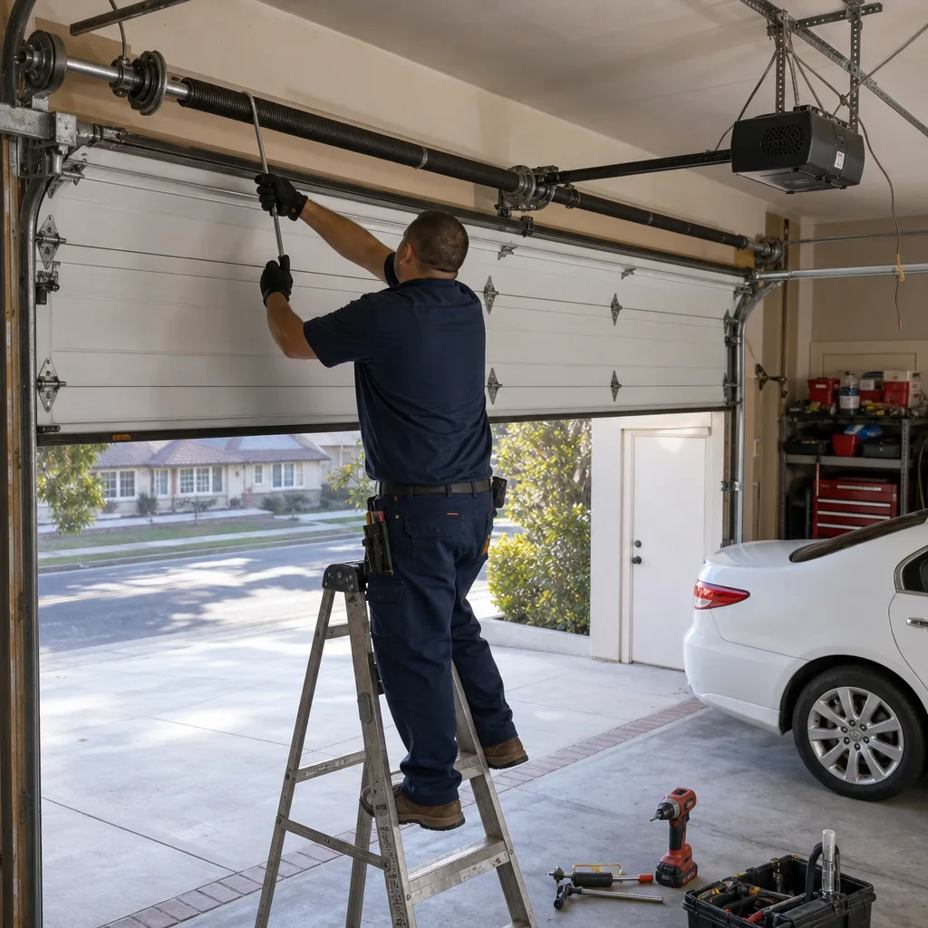 Technician performing professional residential garage door spring repair