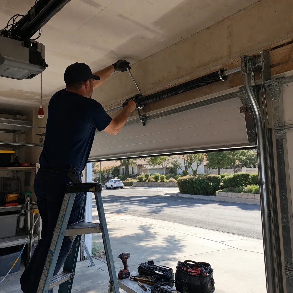 Technician performing professional garage door spring repair