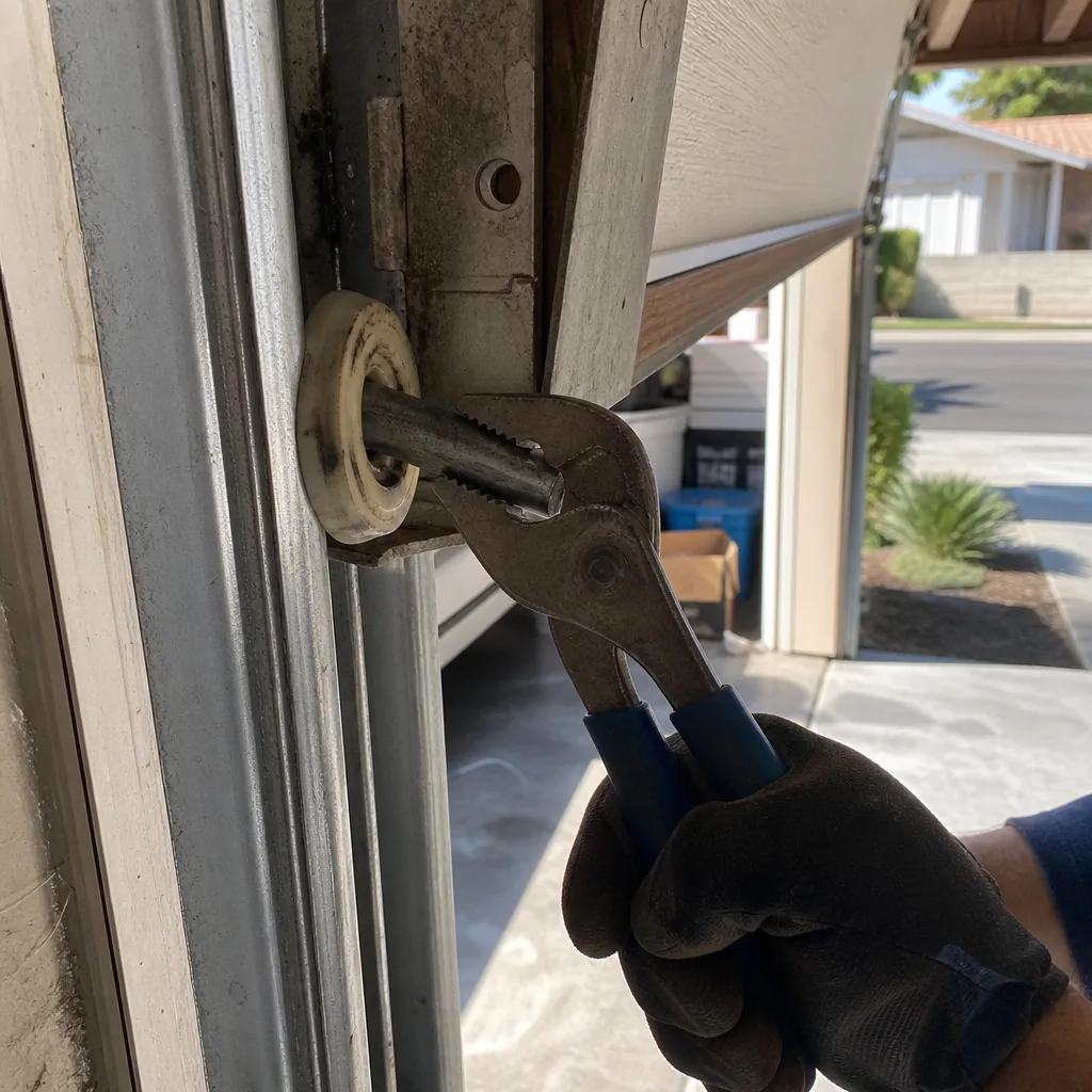 Technician using pliers to repair a garage door roller mechanism