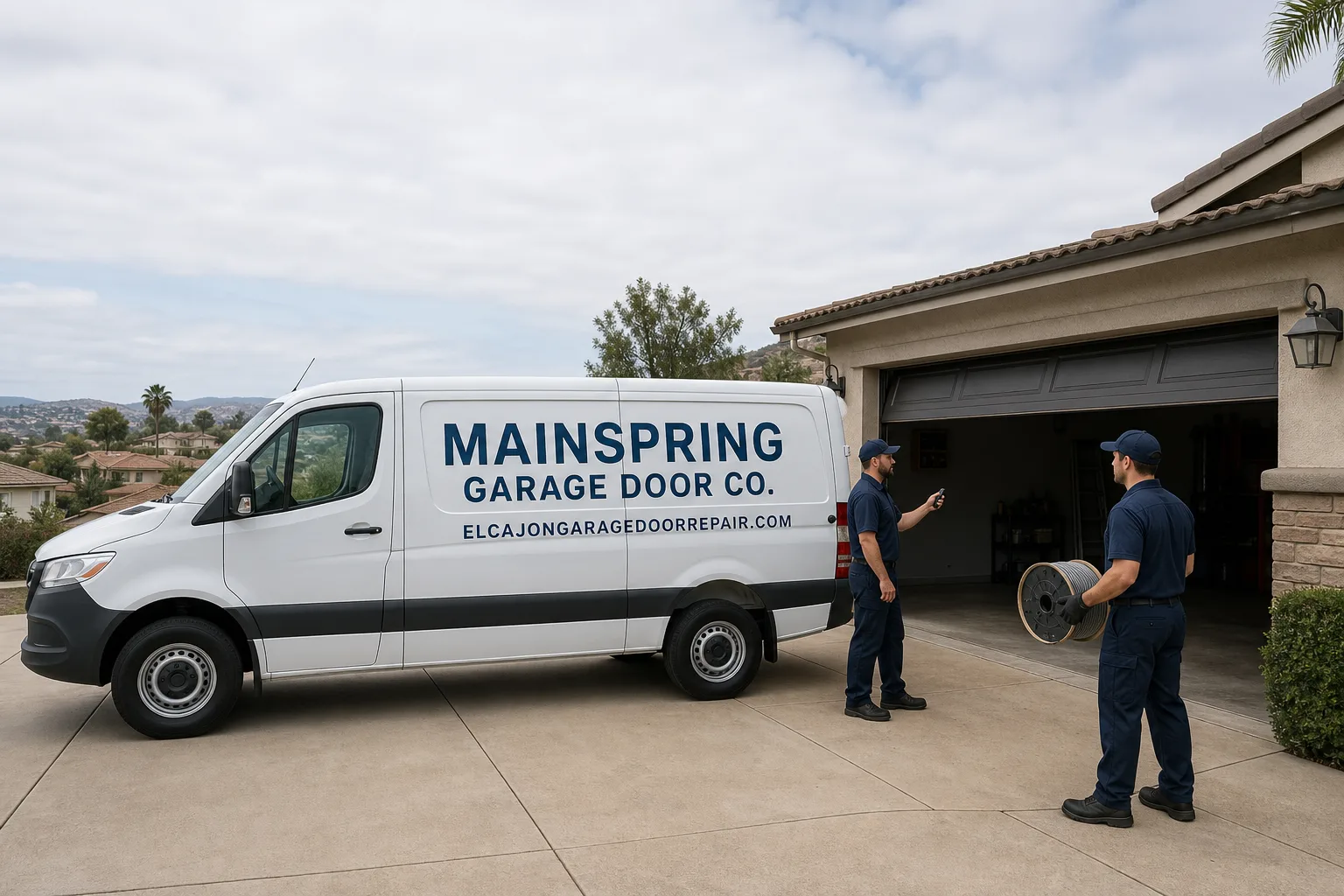 Mainspring Garage Door Co. garage door service vehicle and crew in El Cajon, CA